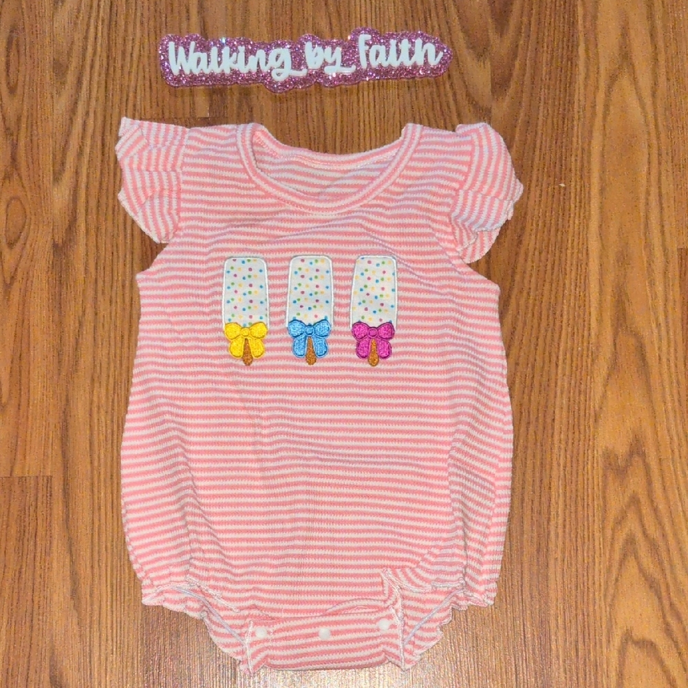 Pink Striped Baby Romper with Popsicle Design